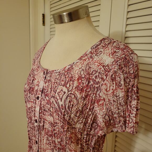Ruched Paisley Crimped Button Front Blouse Croft & Barrow M Pink Oval Neckline - Picture 2 of 8